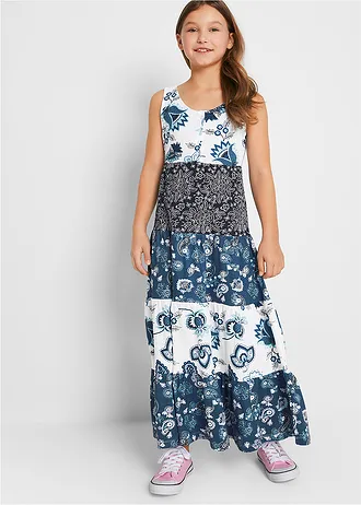 Jersey maxi jurk van biologisch katoen, Kleur: wolwit - jeansblauw - donkerblauw