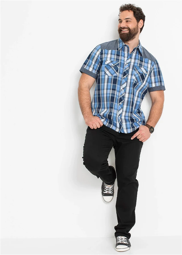 Overhemd met korte mouwen en denim details, Kleur: donkerblauw geruit