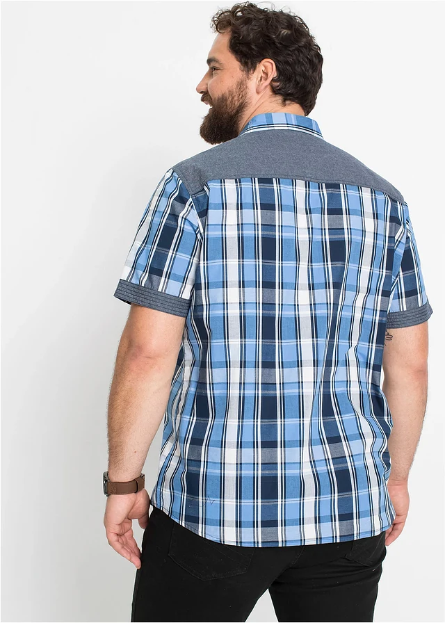 Overhemd met korte mouwen en denim details, Kleur: donkerblauw geruit