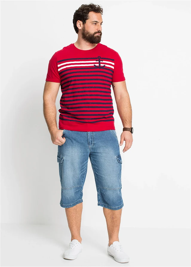 Bermuda long poches cargo en denim léger, coupe loose, Couleur: bleu moyen denim