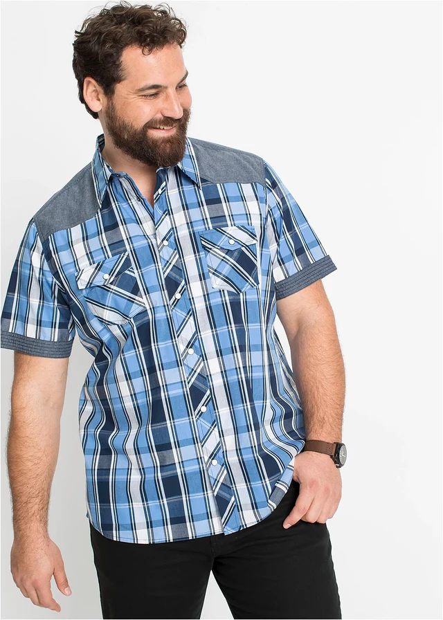 Overhemd met korte mouwen en denim details, Kleur: donkerblauw geruit