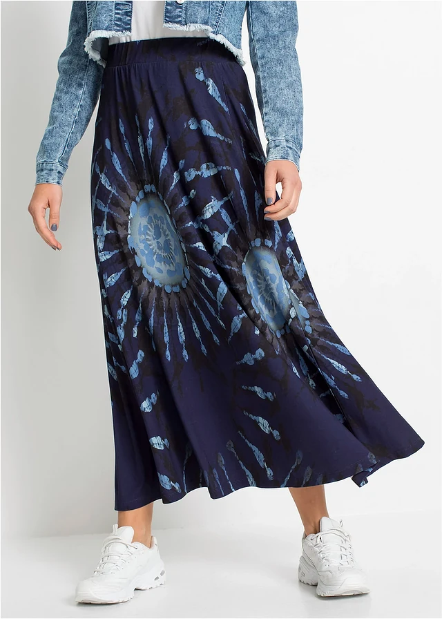 Jersey rok van vloeiende viscose, Kleur: middernachtsblauw. - poederblauw - jeansblauw - rookblauw - donkerblauw gedessineerd
