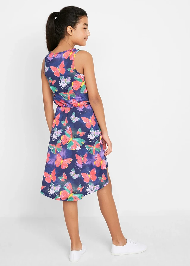 High-low jersey jurk, Kleur: blauw gedessineerd