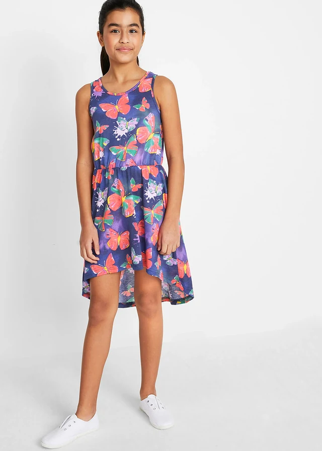 High-low jersey jurk, Kleur: blauw gedessineerd