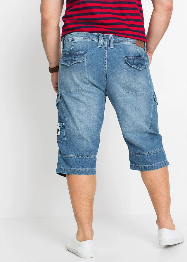 Bermuda long poches cargo en denim léger, coupe loose, Couleur: bleu moyen denim
