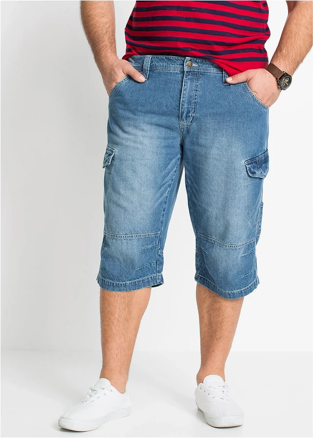 Lehké dlouhé džínové cargo bermudy, Relaxed Fit, barva: středně modrý denim