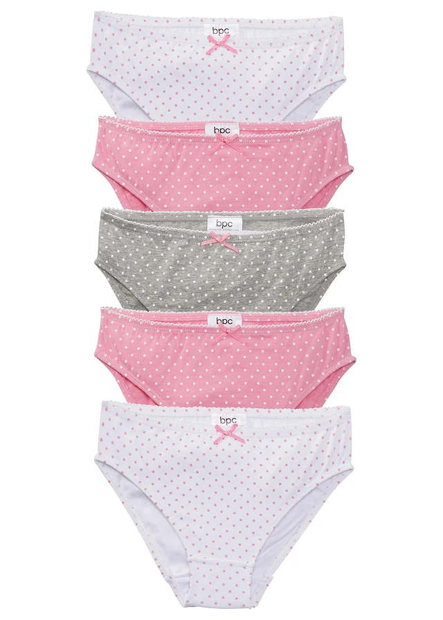 Meisjes slips met satijnen strikje (set van 5), Kleur: roze+wit+lichtgrijs gemêleerd gestippeld