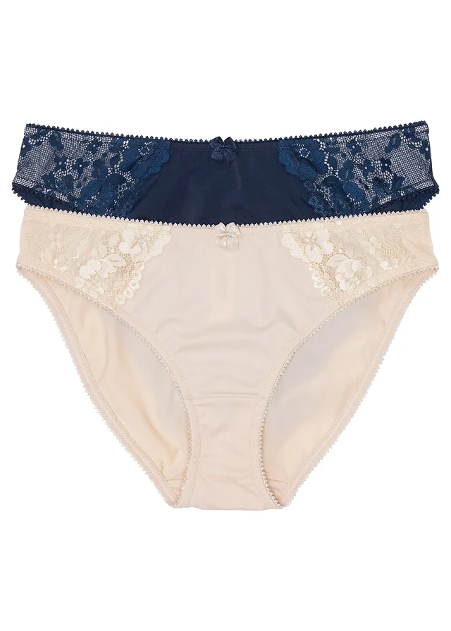 Slip met subtiel kant (set van 2), Kleur: donkerblauw+sandbeige