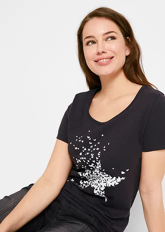 T-shirt coton en fil flammé, manches courtes • noir • Boutique bonprix