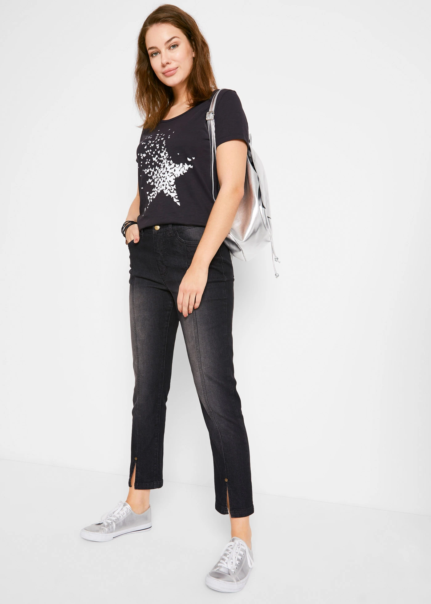 T-shirt coton en fil flammé, manches courtes • noir • Boutique bonprix