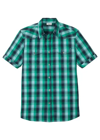 Chemise manches courtes à poches plaquées, Couleur: bleu foncé/vert lagon carreaux