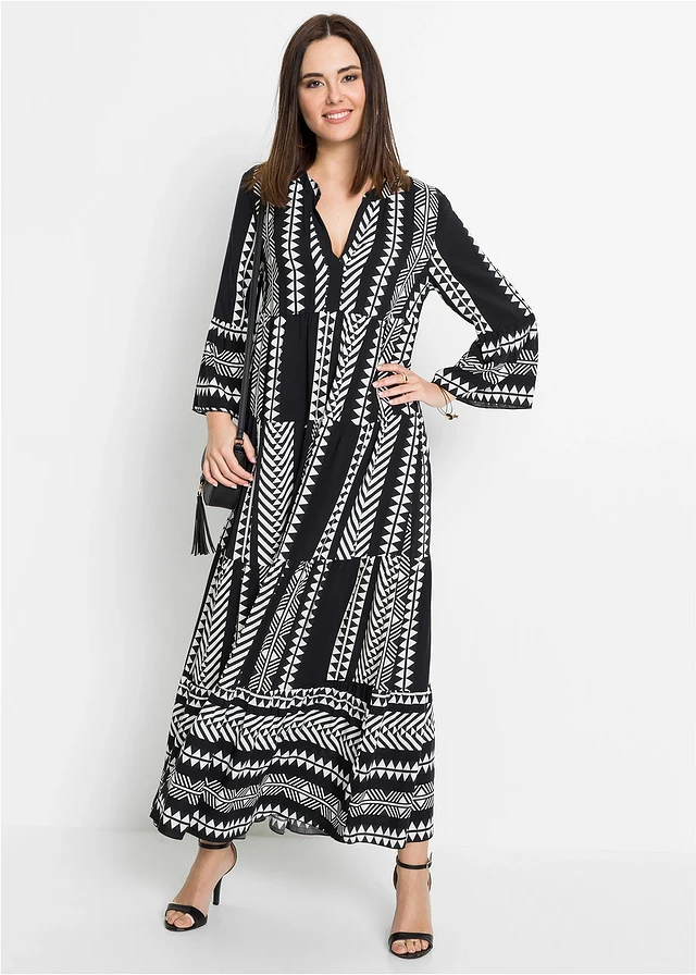Maxi jurk met printvan soepele viscose, Kleur: zwart-wolwit grafisch