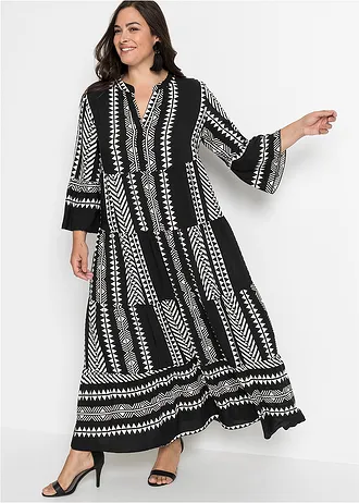 Maxi jurk met printvan soepele viscose, Kleur: zwart-wolwit grafisch