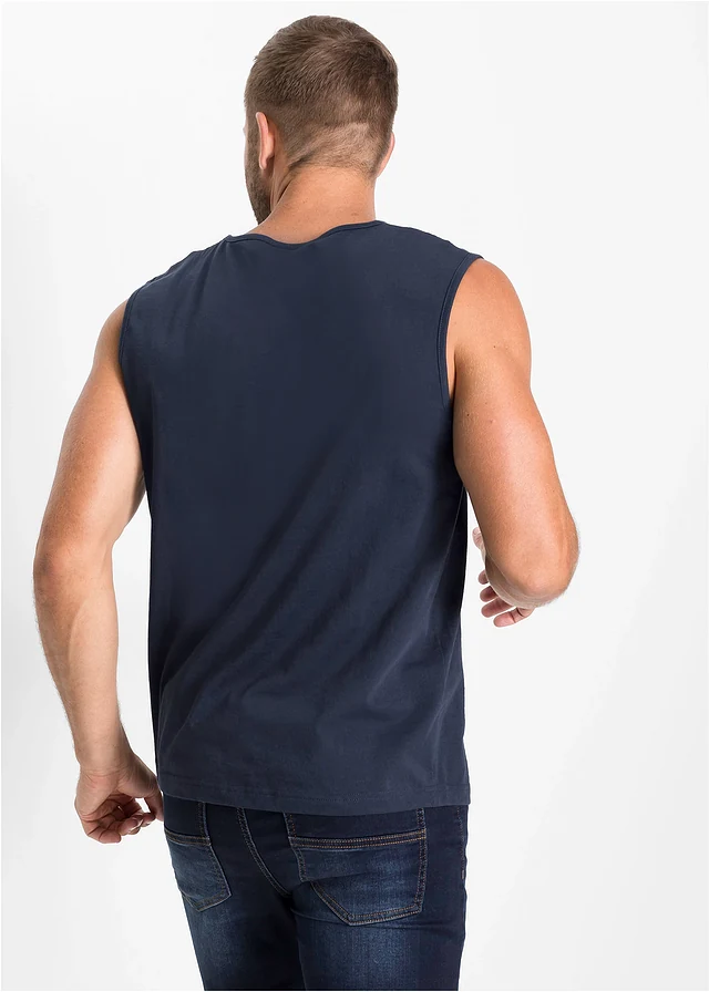 Débardeur marcel 100% coton, Couleur: bleu foncé imprimé