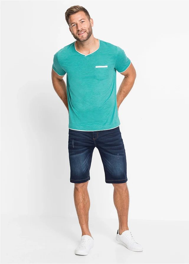 Bermuda en sweat effet jean, coupe ventre confort, regular, Couleur: bleu foncé denim used