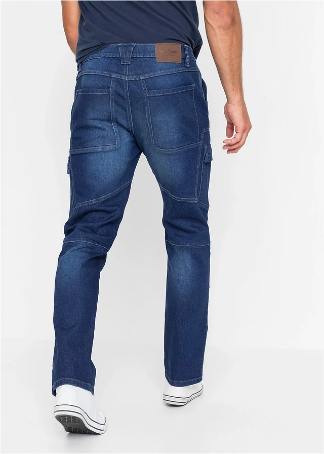 Jean droit extensible, poches cargo, regular, Couleur: bleu denim