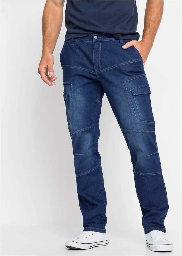 Jean droit extensible, poches cargo, regular, Couleur: bleu denim
