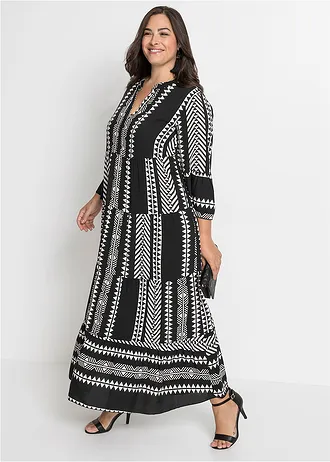 Maxi jurk met printvan soepele viscose, Kleur: zwart-wolwit grafisch