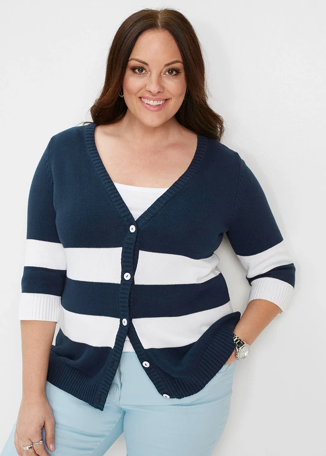 Gilet en maille de coton, Couleur: bleu foncé-blanc rayé