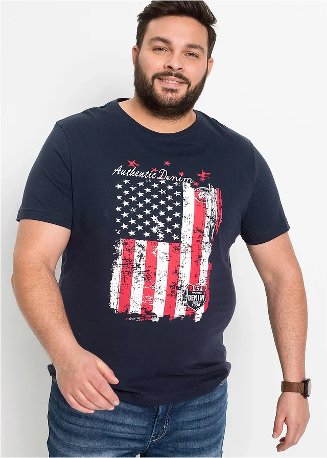 T-shirt 100% coton, Couleur: bleu foncé imprimé