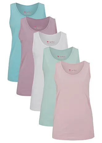 Lot de 5 débardeurs longs 100% coton • rose cristal + menthe pastel + turquoise mat + mauve fumé + blanc • Boutique bonprix