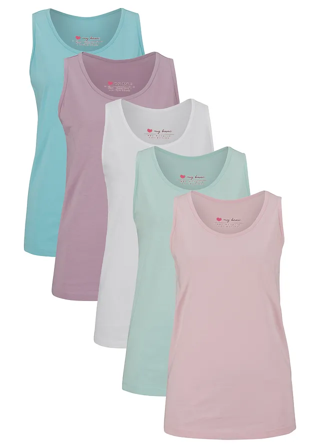 Katoenen longtop (set van 5) • kristalroze+pastelmint+mat aqua+rooklila+wit • bonprix online shop