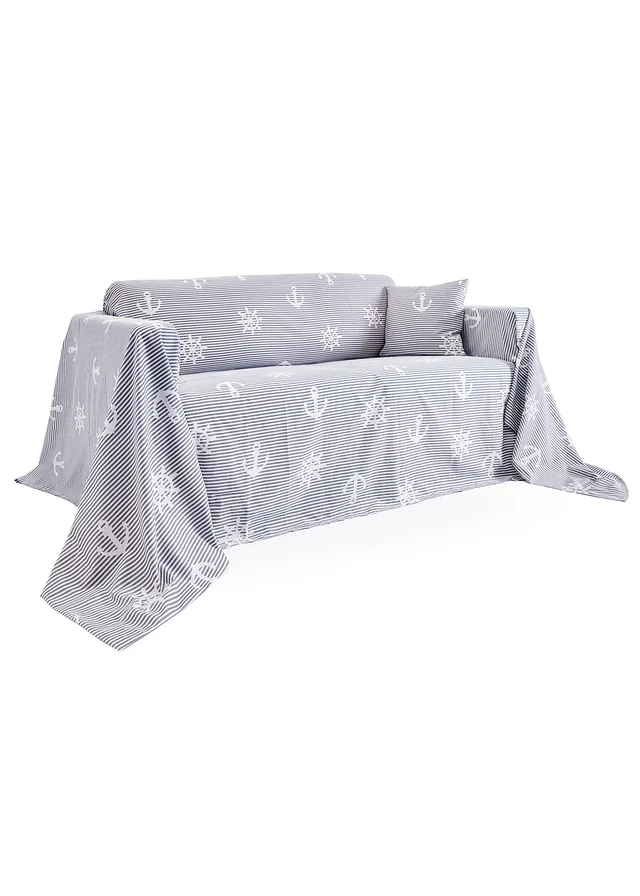 Plaid met maritiem design, Kleur: grijs/wit