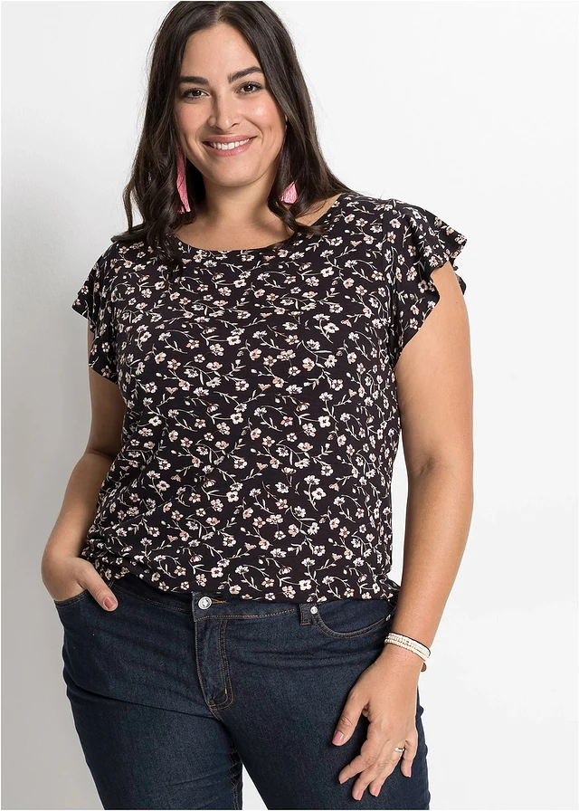 Shirt in een viscosemix, Kleur: zwart gebloemd