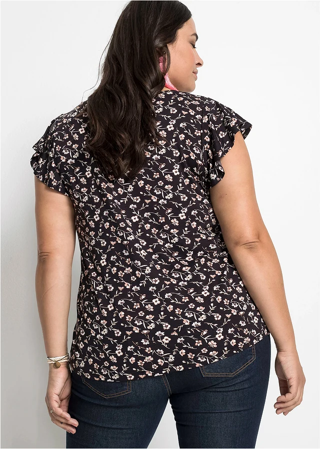 Shirt in een viscosemix, Kleur: zwart gebloemd