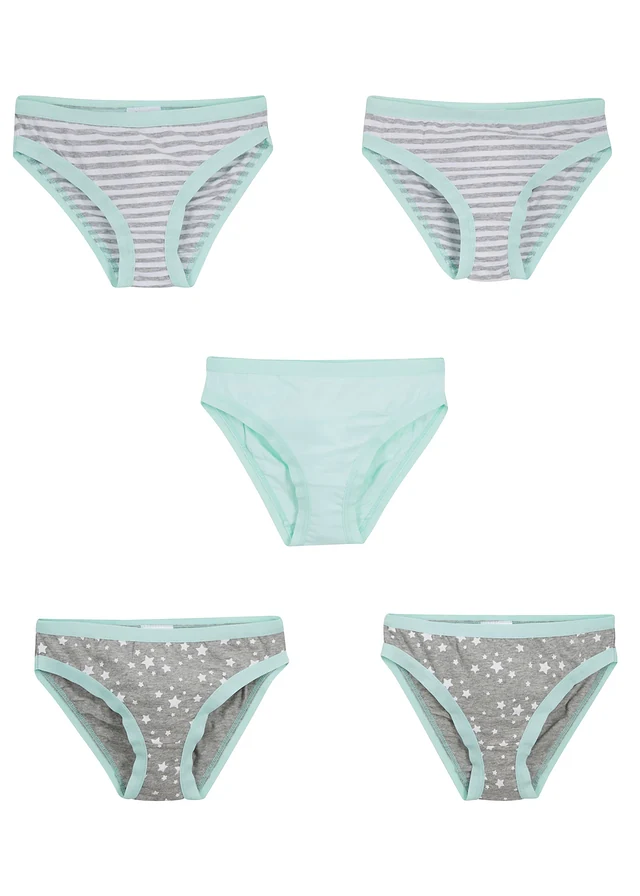 Lot de 5 slips avec coton doux, Couleur: gris clair chiné-blanc-menthe