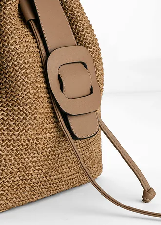 Buideltas in rieten look, Kleur: ecru-cognac