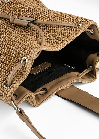 Buideltas in rieten look, Kleur: ecru-cognac