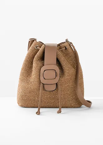Buideltas in rieten look, Kleur: ecru-cognac