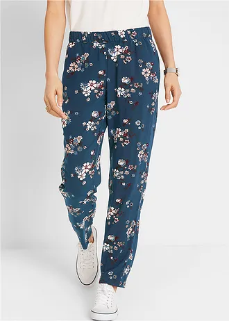 Pantalon en viscose avec taille élastiquée, Couleur: bleu foncé à fleurs