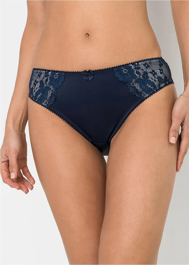 Lot de 2 slips avec dentelle, Couleur: bleu foncé + beige sable