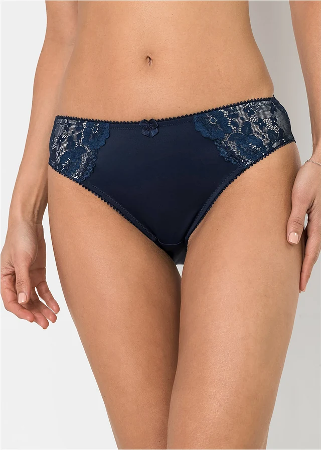 Slip met subtiel kant (set van 2), Kleur: donkerblauw+sandbeige