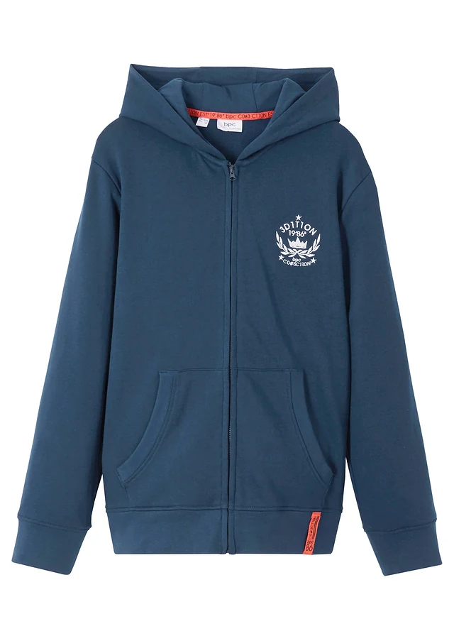 Sweat zippé à capuche, 100% coton, Couleur: bleu foncé