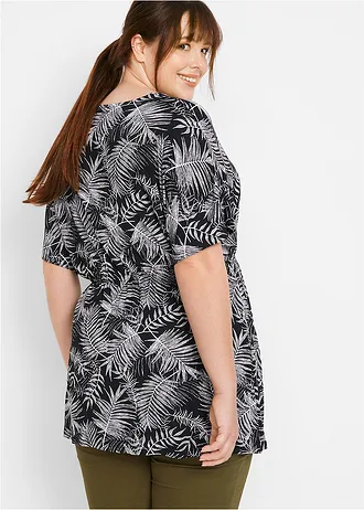 Shirt tuniek met V-hals en kimonomouwen, Kleur: zwart/wit gedessineerd