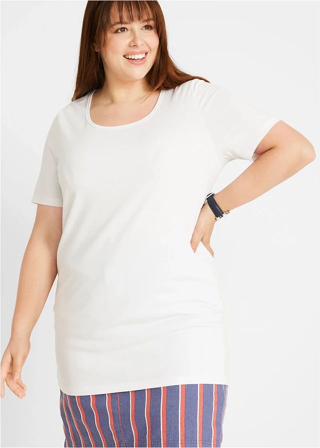Lot de 2 T-shirts longs basiques, manches courtes, Couleur: bleu foncé / blanc