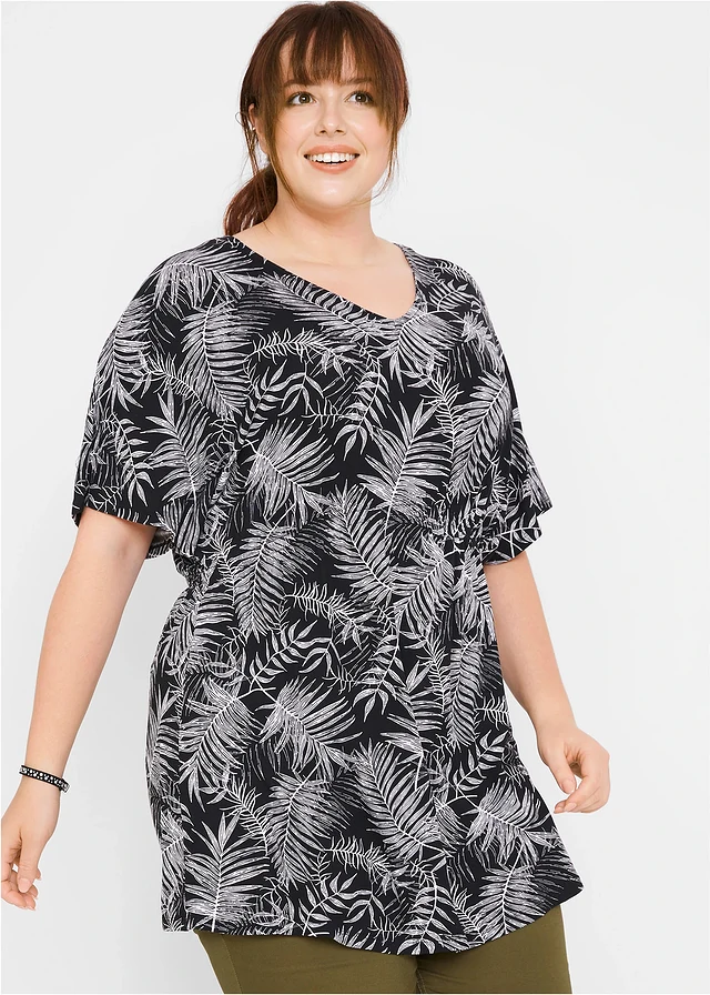 Tunique longue en viscose fluide, Couleur: noir-blanc imprimé