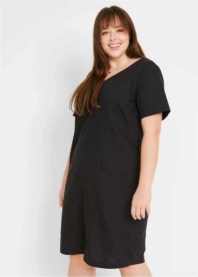 Robe courte en lin majoritaire, Couleur: noir