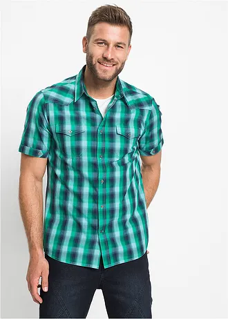 Cămașă cu mânecă scurtă și buzunare cu buzunare aplicate • bleumarin / verde-albastru cadrilat • magazin bonprix