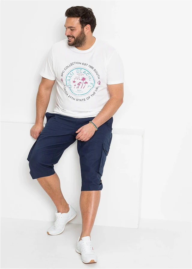 Lange cargo bermuda met linnen, regular fit, Kleur: donkerblauw