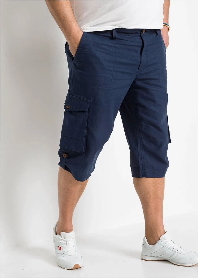 Dlouhé cargo bermudy Regular Fit, ze vzdušné lněné směsi, barva: tmavě modrá
