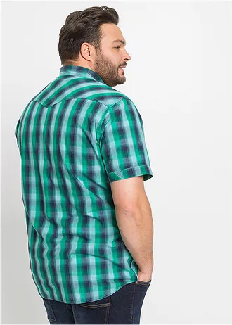 Chemise manches courtes à poches plaquées, Couleur: bleu foncé/vert lagon carreaux