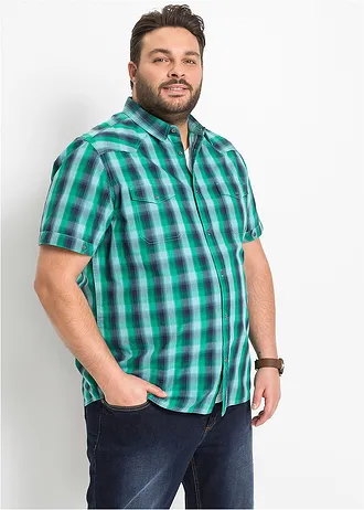 Chemise manches courtes à poches plaquées, Couleur: bleu foncé/vert lagon carreaux