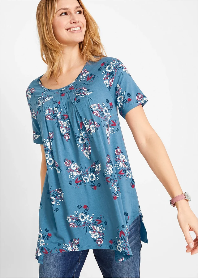 T-shirt long à pans, manches courtes, Couleur: bleu jean imprimé