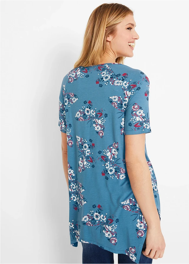 T-shirt long à pans, manches courtes, Couleur: bleu jean imprimé