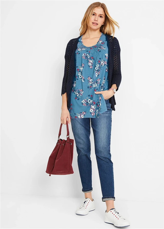 T-shirt long à pans, manches courtes, Couleur: bleu jean imprimé
