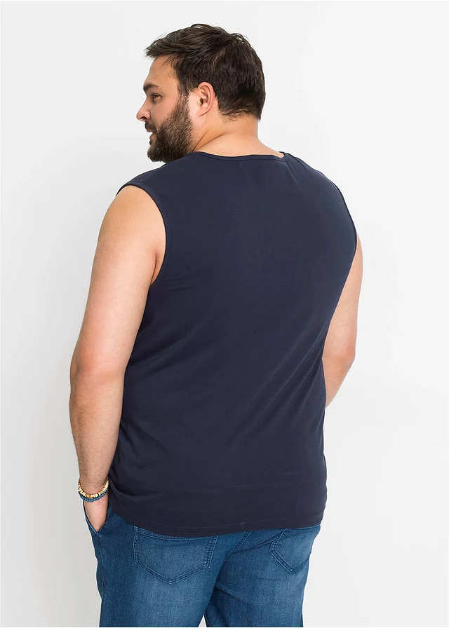 Débardeur marcel 100% coton, Couleur: bleu foncé imprimé